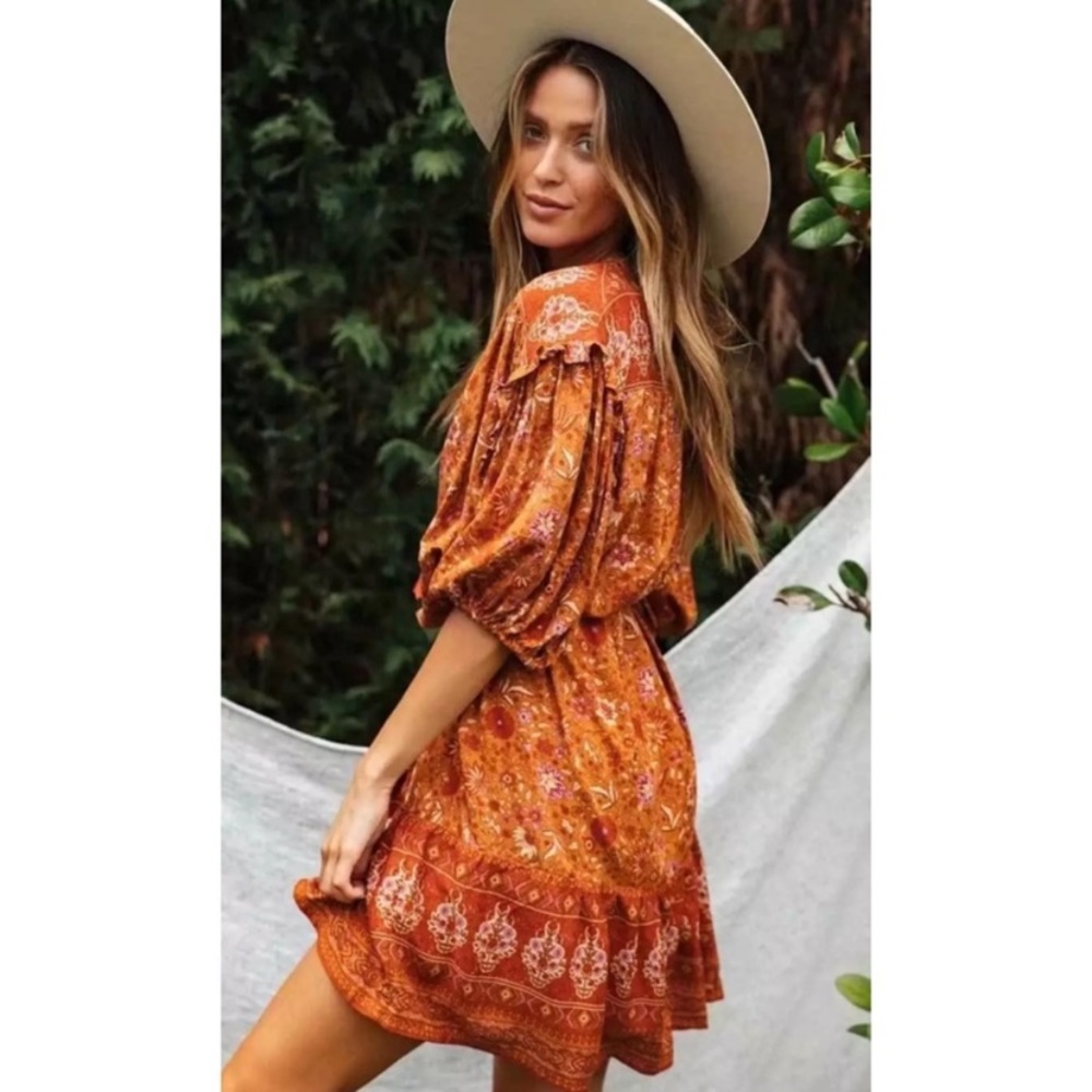 Rust Floral Boho Ruffle 3/4 Sleeve Mini Dress - Picture 4 of 9